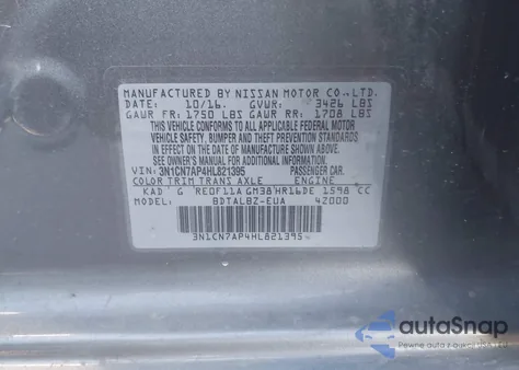 2017 Nissan Versa 1.6 Sv z USA, uszkodzony, nr VIN 3N1CN7AP4HL821395